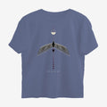 Oztra Descent steel blue oversized tee, front view showing the Descent print