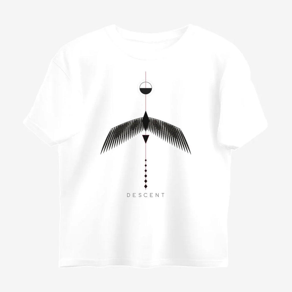 Oztra Descent white oversized tee, front view showing the Descent print