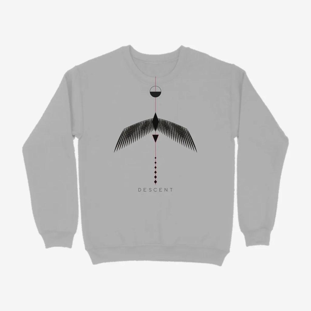 Oztra Descent grey melange sweatshirt, front view showing the Descent print