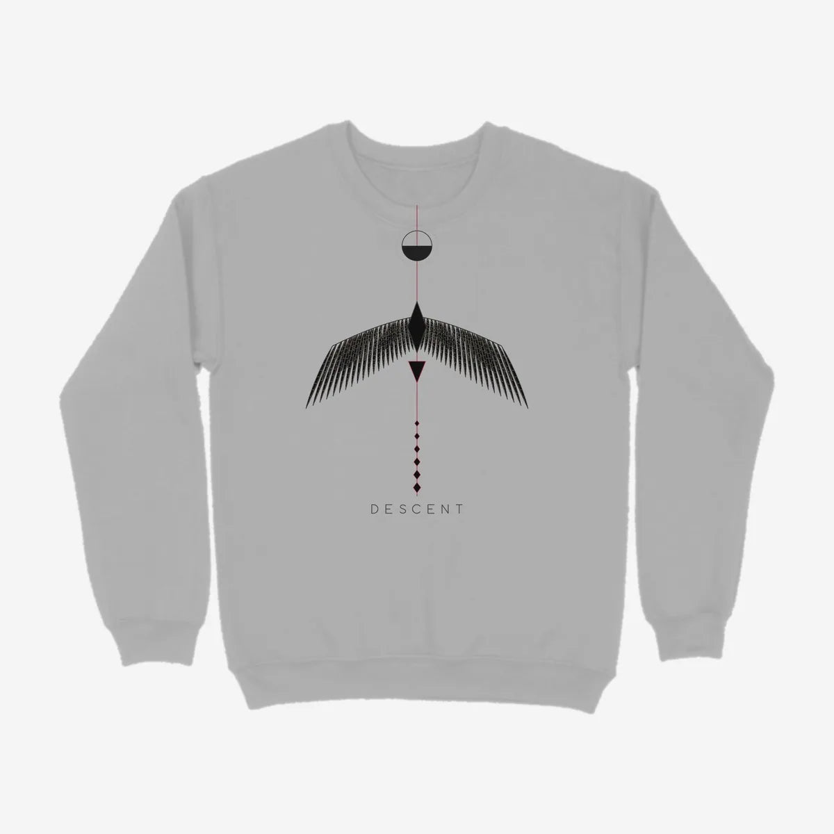 Oztra Descent grey melange sweatshirt, front view showing the Descent print