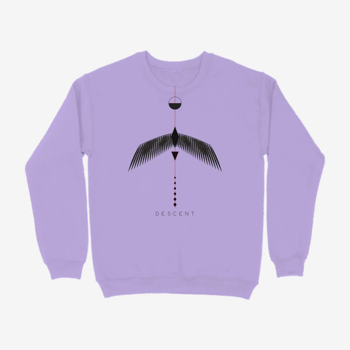 Oztra Descent lavender sweatshirt, front view showing the Descent print