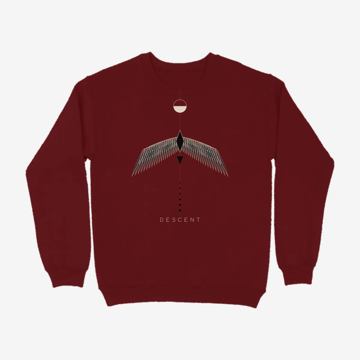 Oztra Descent maroon sweatshirt, front view showing the Descent print