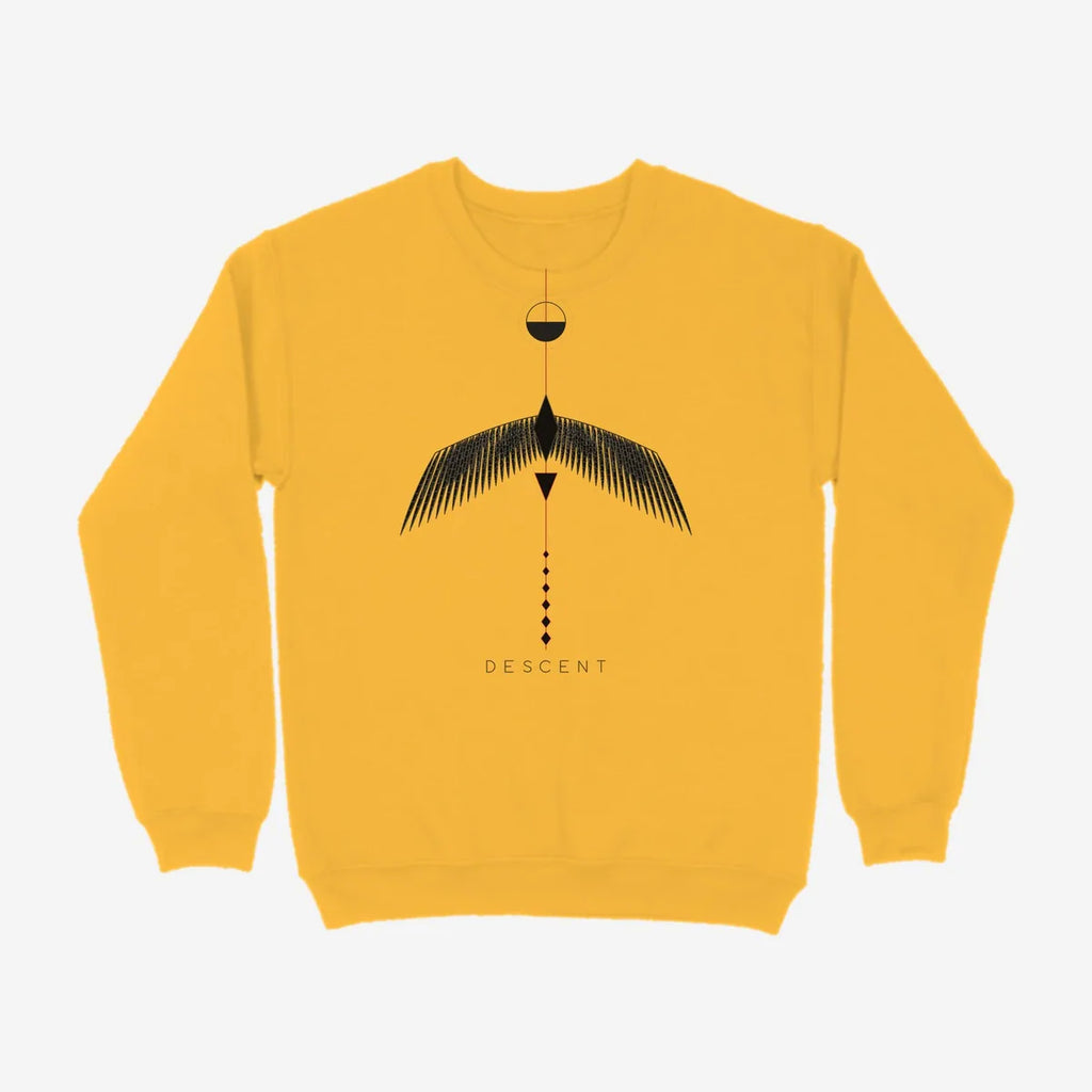 Oztra Descent mustard sweatshirt, front view showing the Descent print