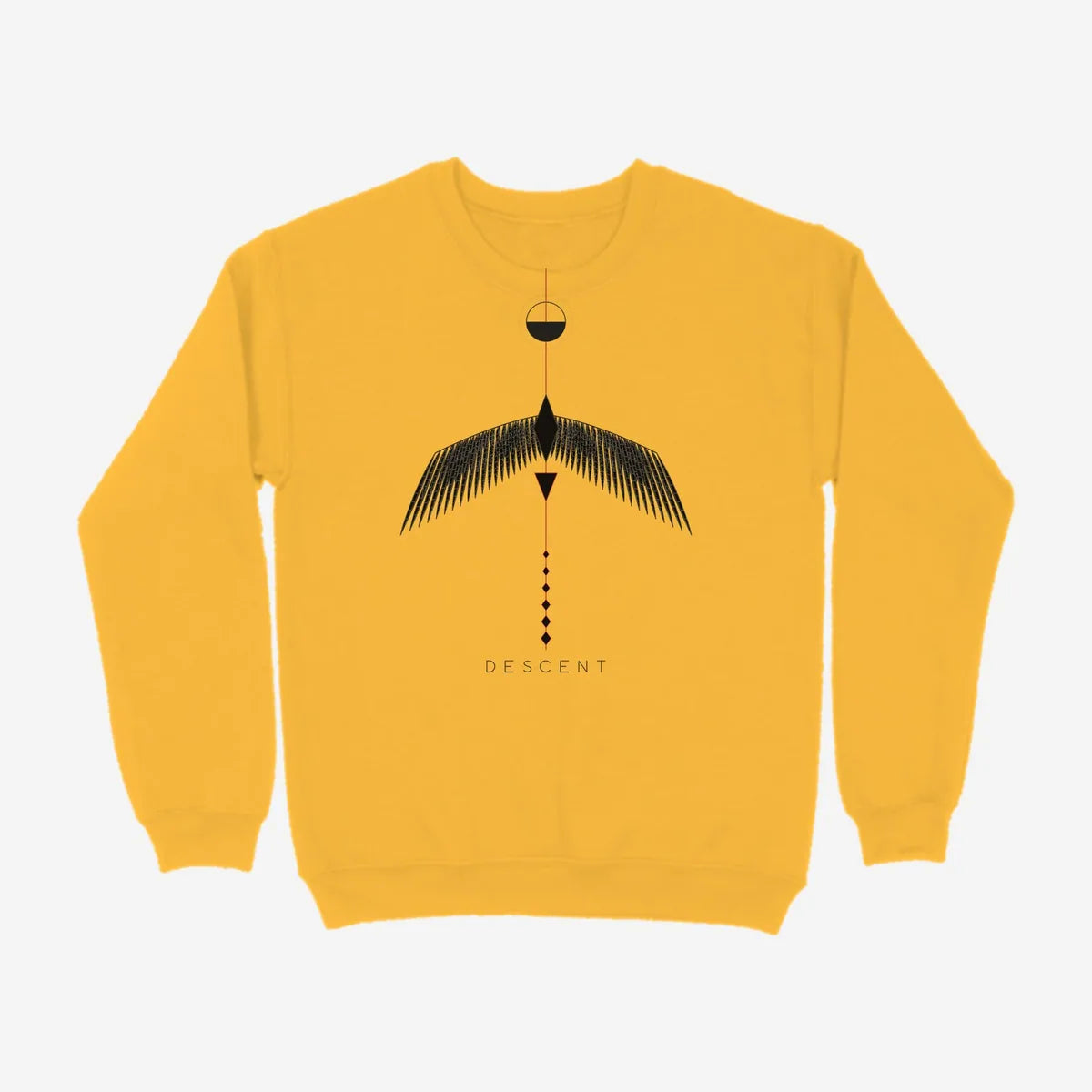 Oztra Descent mustard sweatshirt, front view showing the Descent print