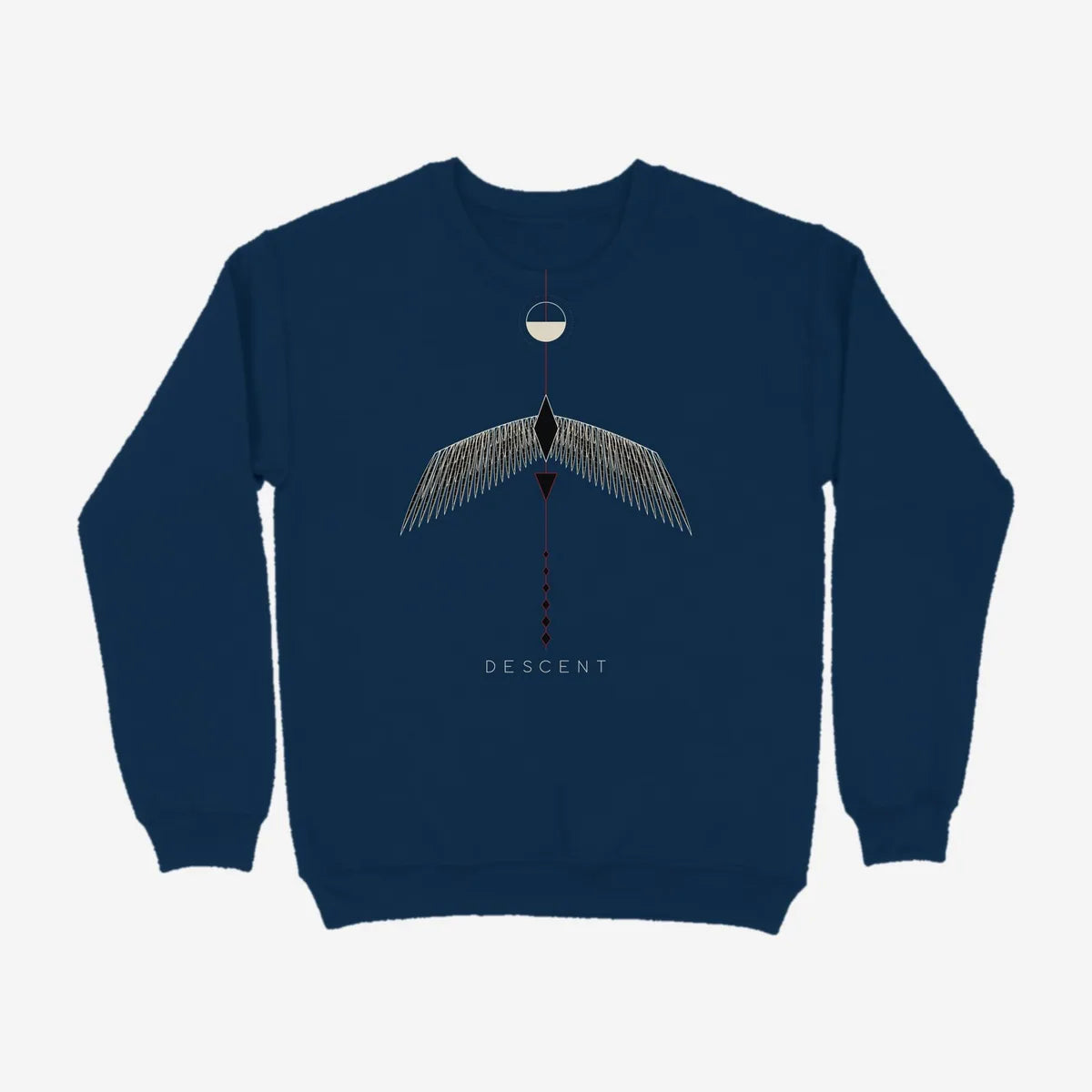 Oztra Descent navy sweatshirt, front view showing the Descent print