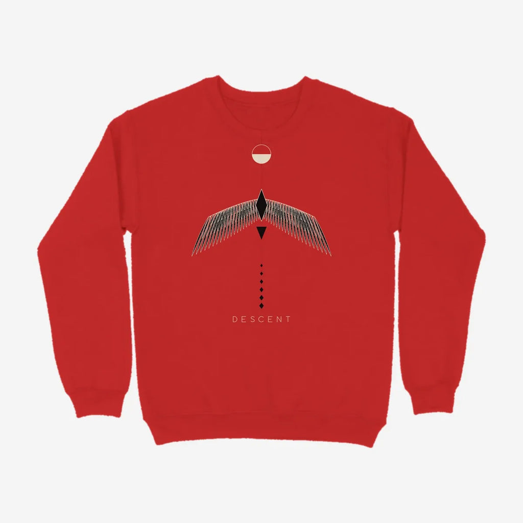Oztra Descent red sweatshirt, front view showing the Descent print