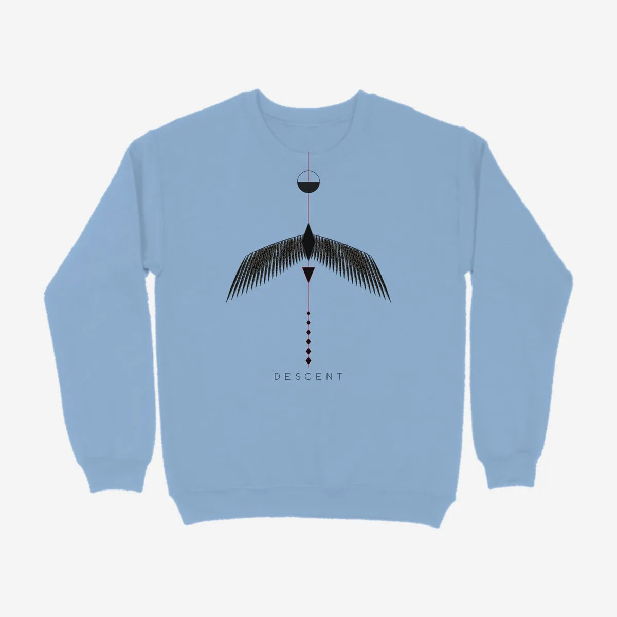 Oztra Descent sky blue sweatshirt, front view showing the Descent print