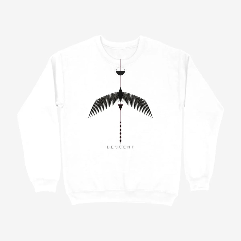 Oztra Descent white sweatshirt, front view showing the Descent print