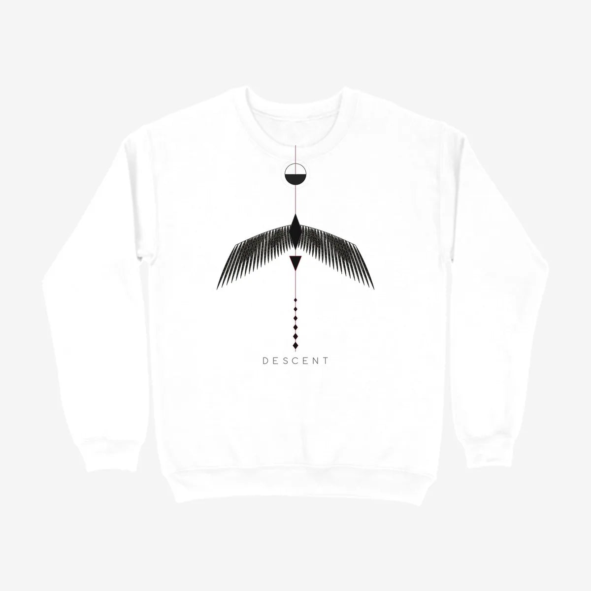 Oztra Descent white sweatshirt, front view showing the Descent print