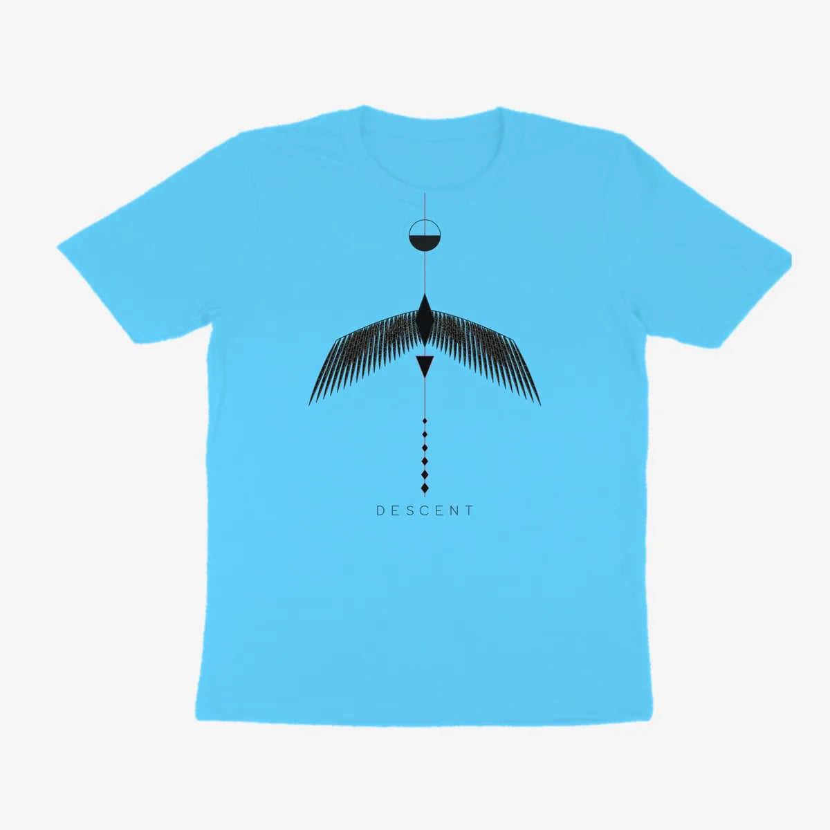 Oztra Descent aqua blue tee, front view showing the Descent print