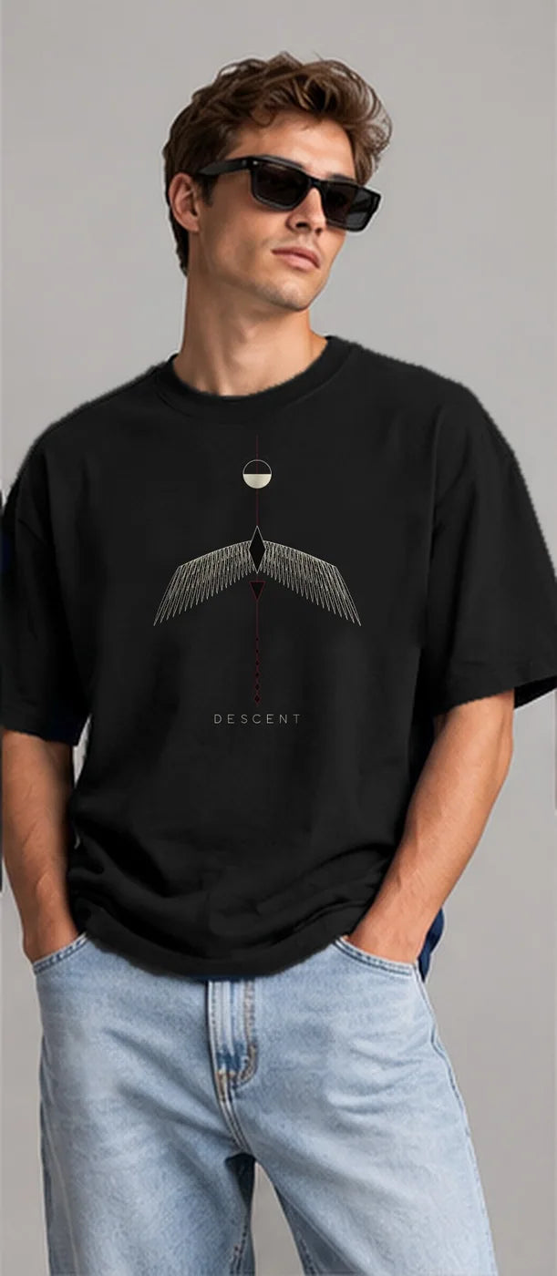 Model wearing the Oztra Descent tee in black