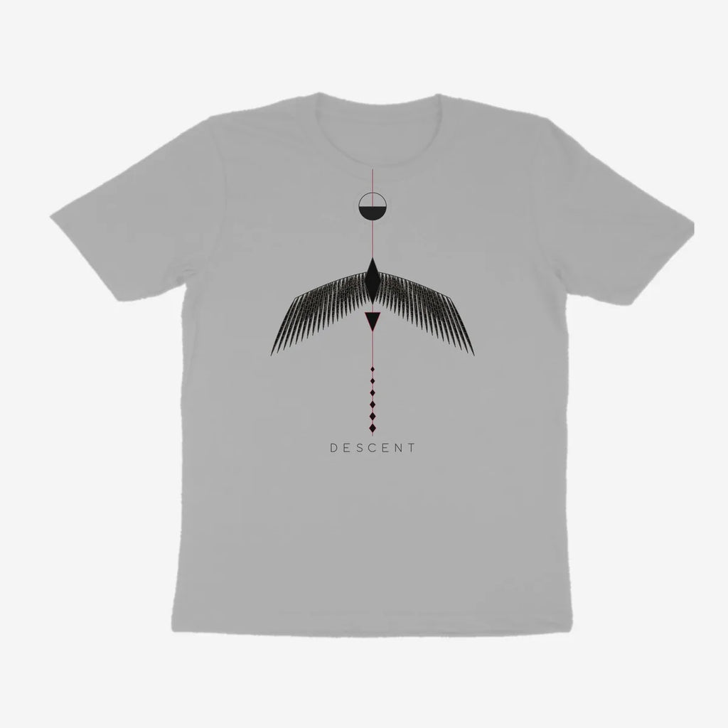 Oztra Descent grey melange tee, front view showing the Descent print