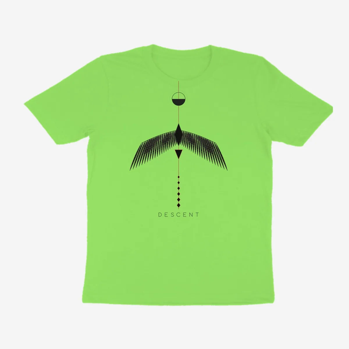 Oztra Descent lime green tee, front view showing the Descent print