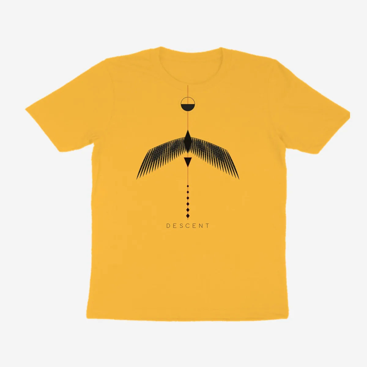 Oztra Descent mustard tee, front view showing the Descent print