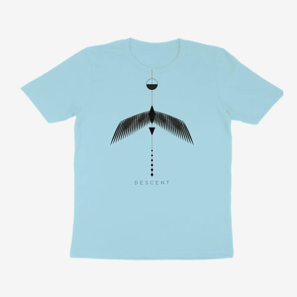 Oztra Descent powder blue tee, front view showing the Descent print