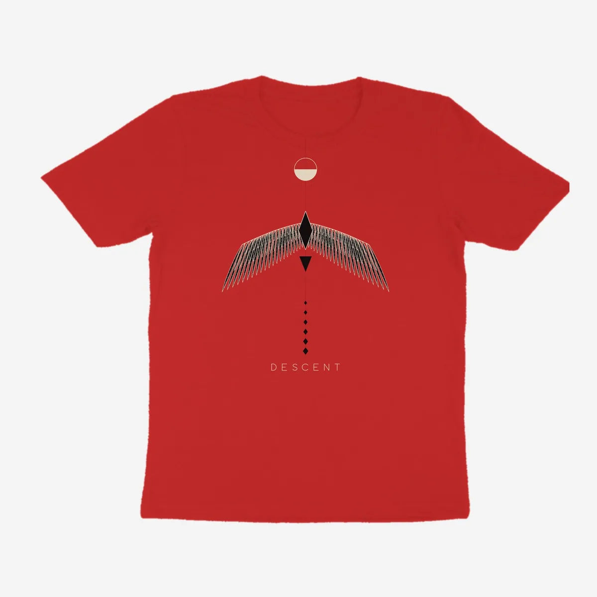 Oztra Descent red tee, front view showing the Descent print