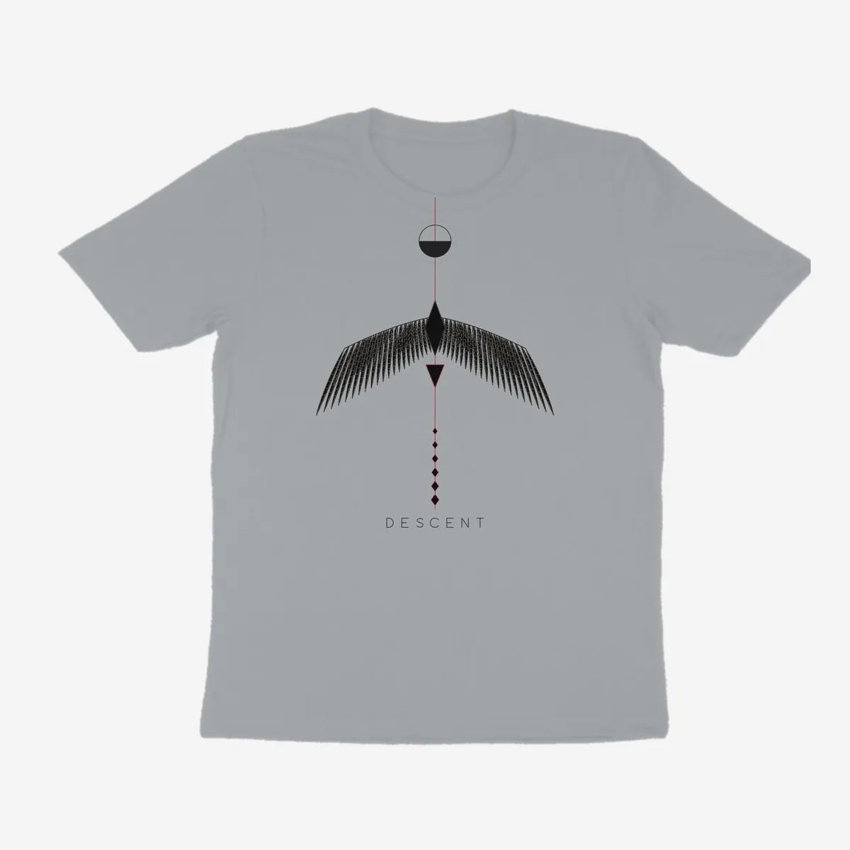 Oztra Descent silver grey tee, front view showing the Descent print