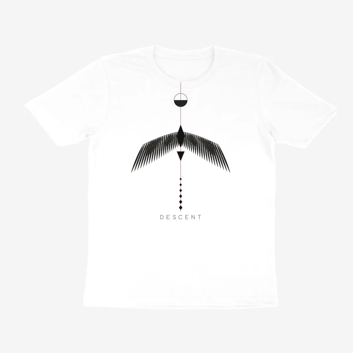Oztra Descent white tee, front view showing the Descent print