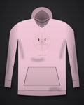 Oztra Dominion baby pink hoodie, front view showing the Dominion print