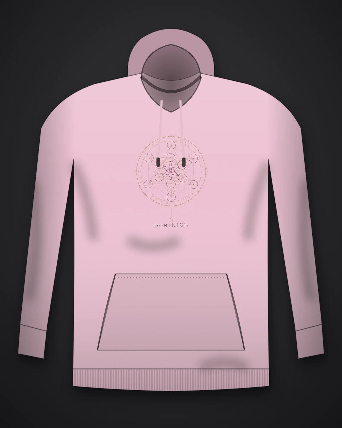 Oztra Dominion baby pink hoodie, front view showing the Dominion print