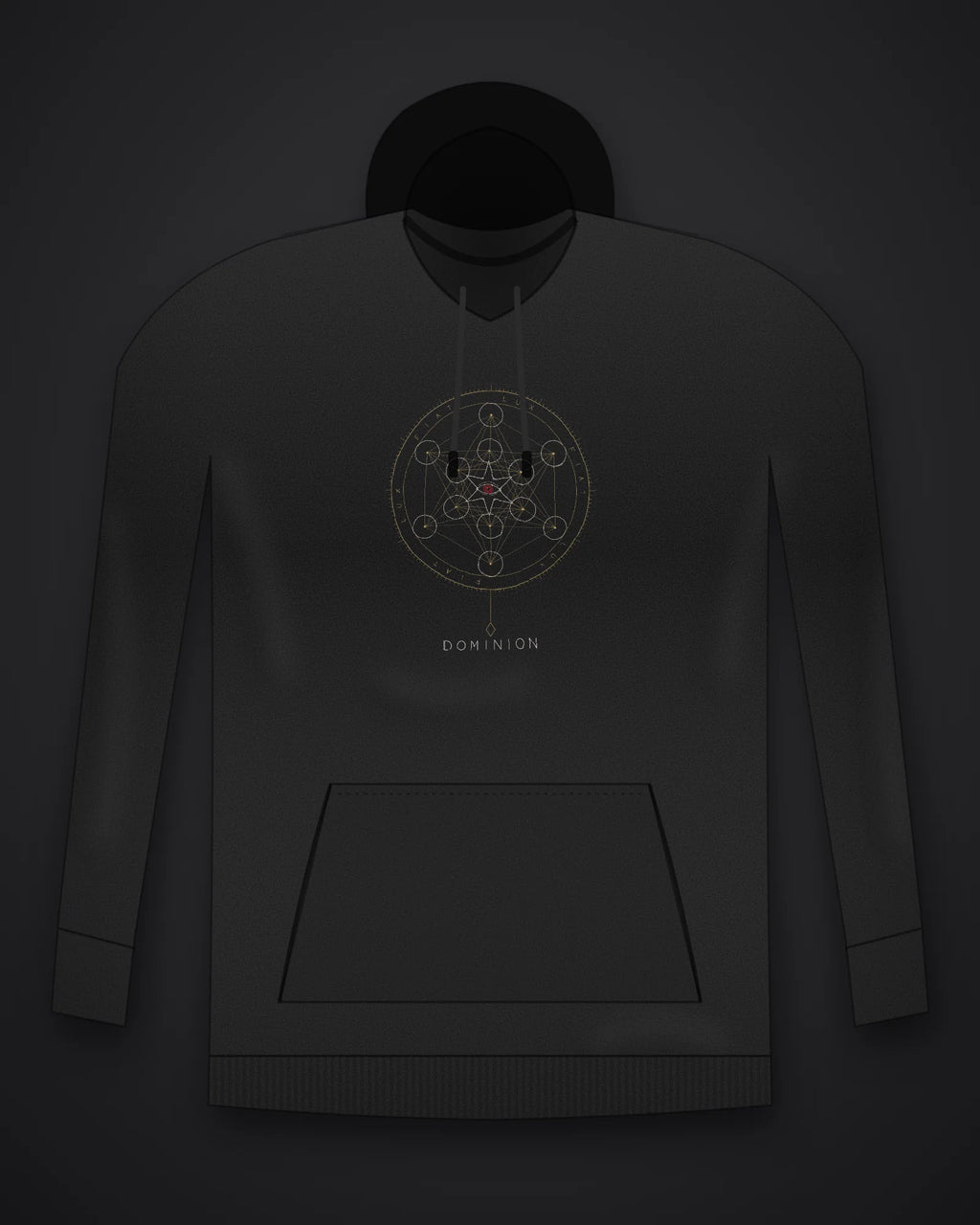 Oztra Dominion black hoodie, front view showing the Dominion print