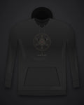 Oztra Dominion black hoodie, front view showing the Dominion print