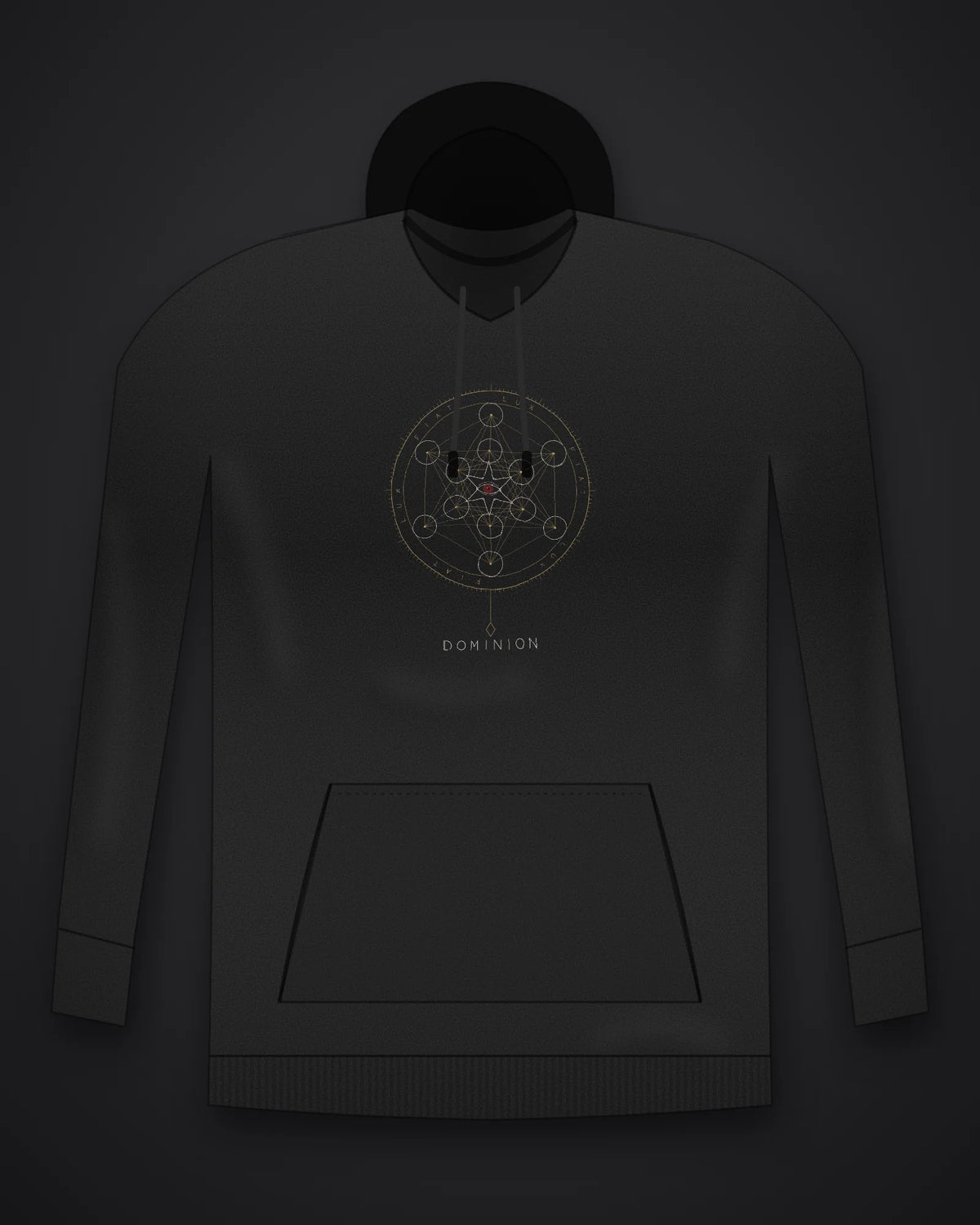 Oztra Dominion black hoodie, front view showing the Dominion print