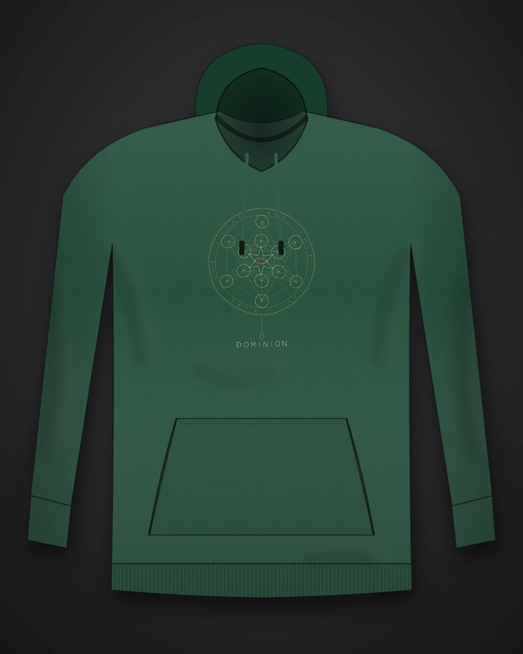 Oztra Dominion bottle green hoodie, front view showing the Dominion print