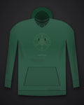 Oztra Dominion bottle green hoodie, front view showing the Dominion print