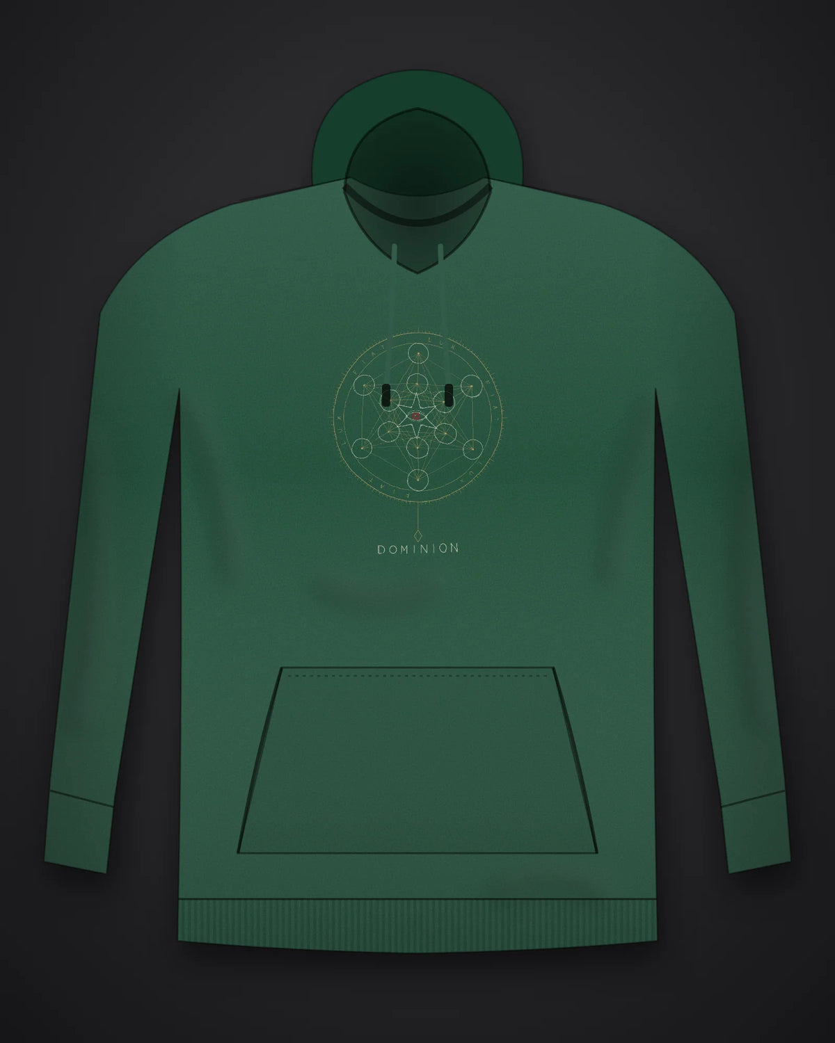 Oztra Dominion bottle green hoodie, front view showing the Dominion print
