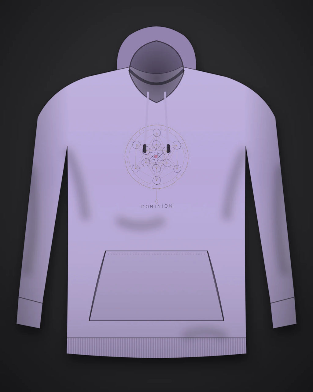 Oztra Dominion lavender hoodie, front view showing the Dominion print