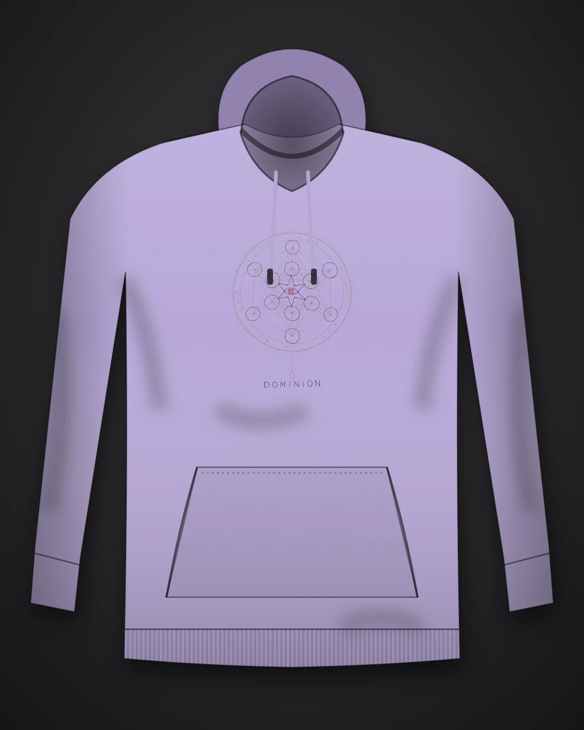 Oztra Dominion lavender hoodie, front view showing the Dominion print