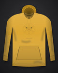 Oztra Dominion mustard hoodie, front view showing the Dominion print