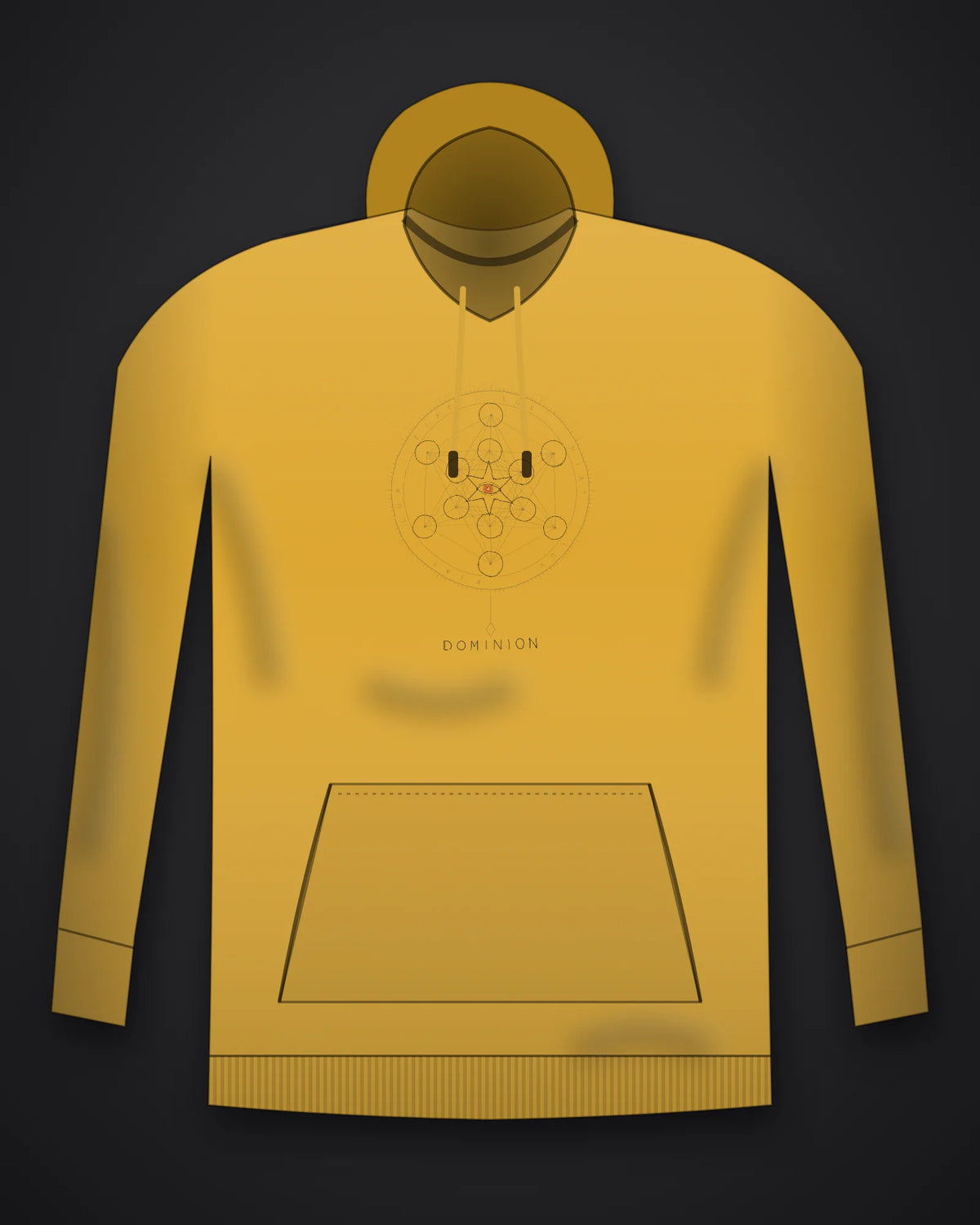 Oztra Dominion mustard hoodie, front view showing the Dominion print
