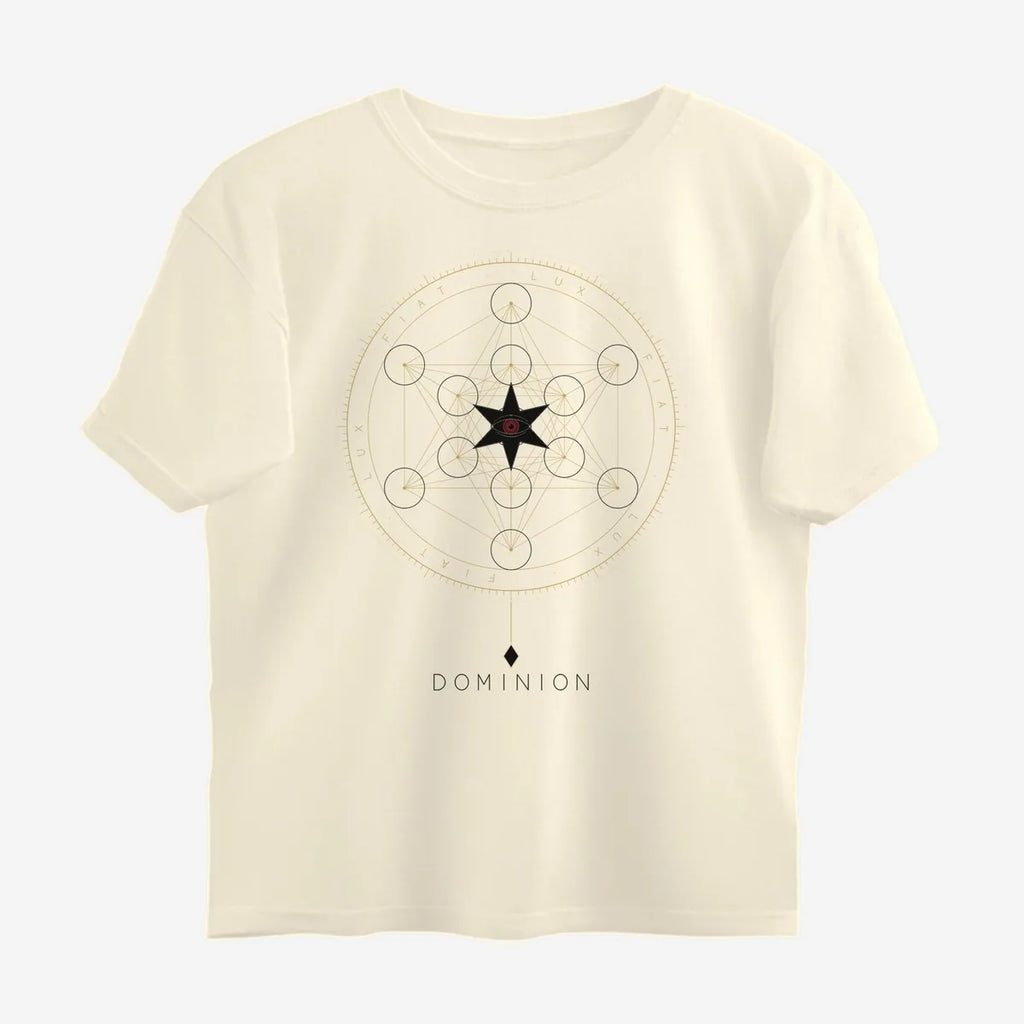 Oztra Dominion beige oversized tee, front view showing the Dominion print