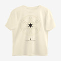 Oztra Dominion beige oversized tee, front view showing the Dominion print