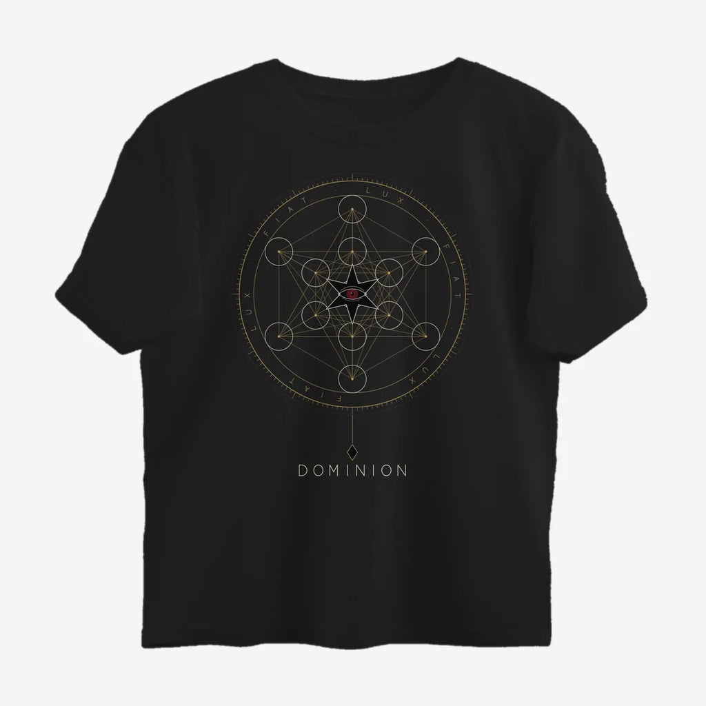 Oztra Dominion black oversized tee, front view showing the Dominion print