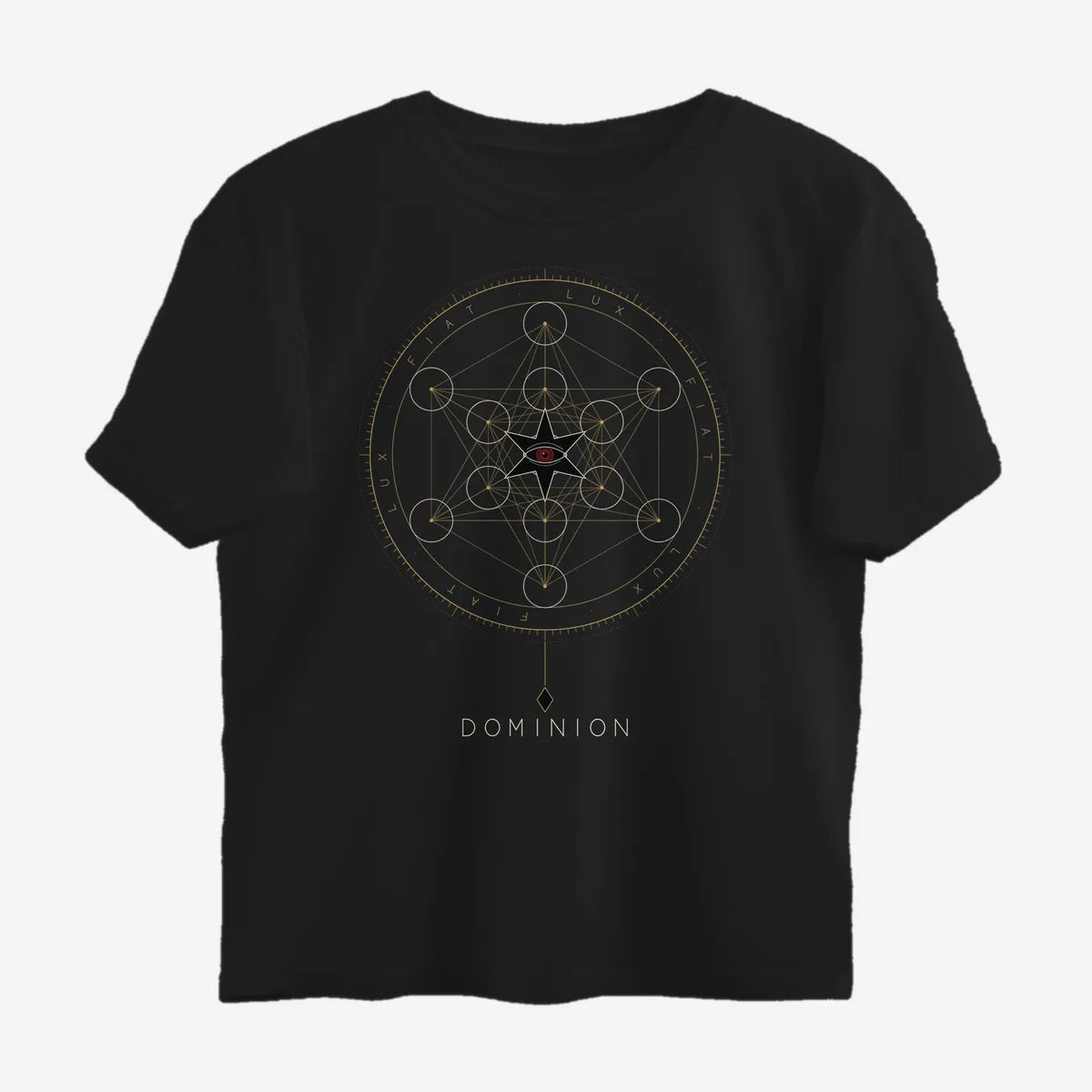 Oztra Dominion black oversized tee, front view showing the Dominion print
