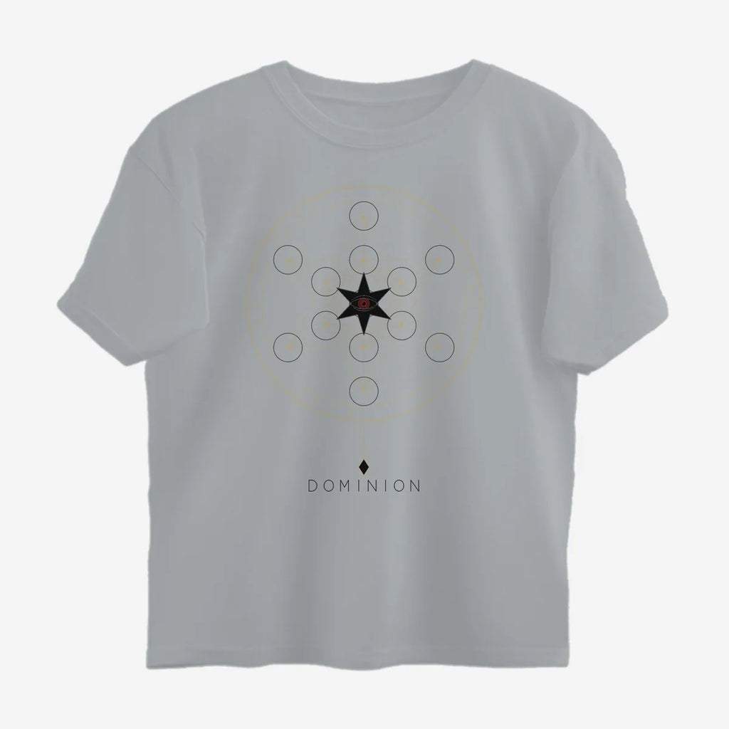 Oztra Dominion grey melange oversized tee, front view showing the Dominion print