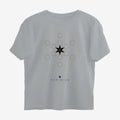 Oztra Dominion grey melange oversized tee, front view showing the Dominion print