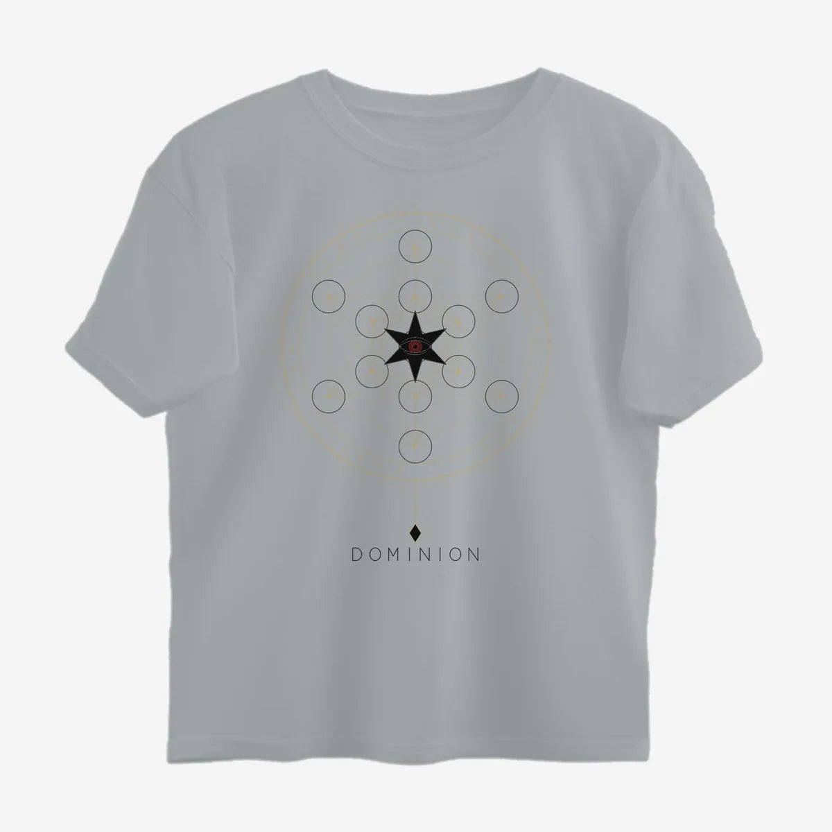 Oztra Dominion grey melange oversized tee, front view showing the Dominion print