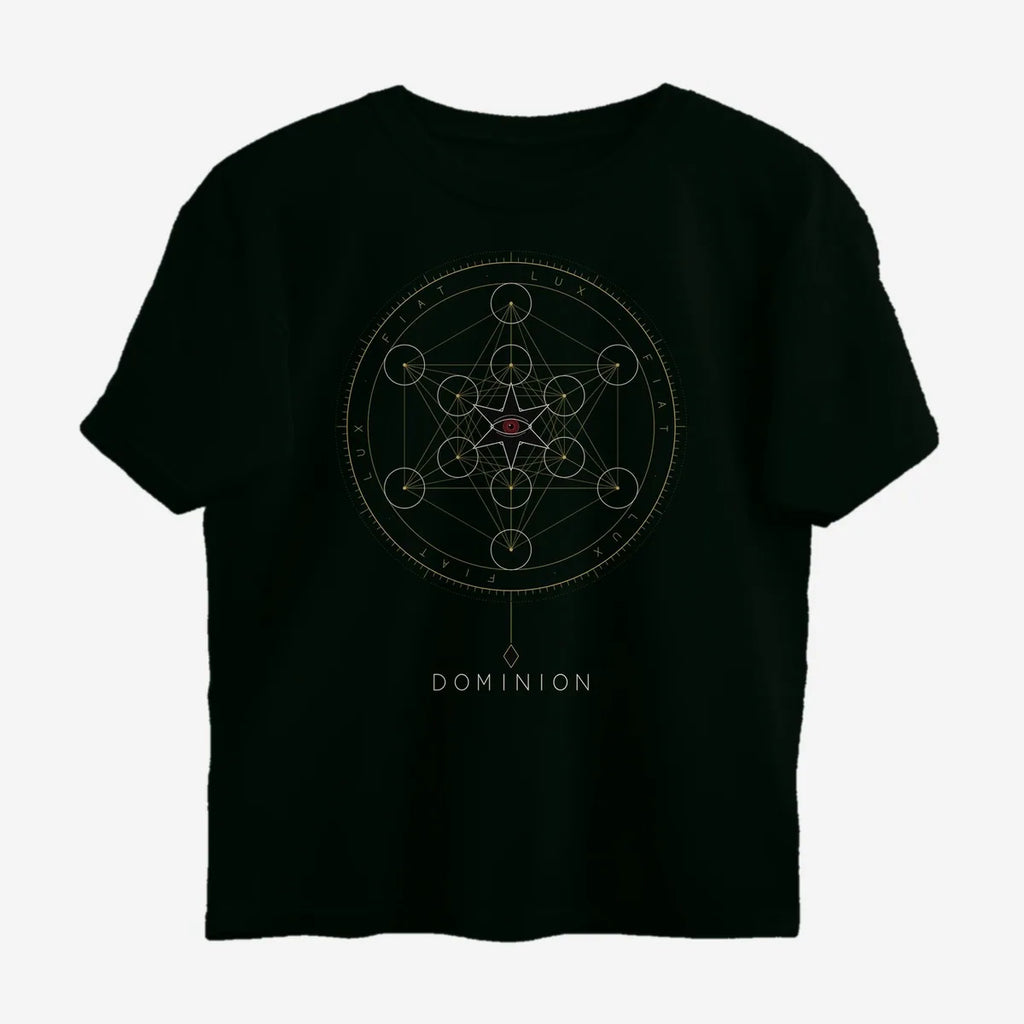 Oztra Dominion jet black oversized tee, front view showing the Dominion print