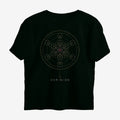 Oztra Dominion jet black oversized tee, front view showing the Dominion print