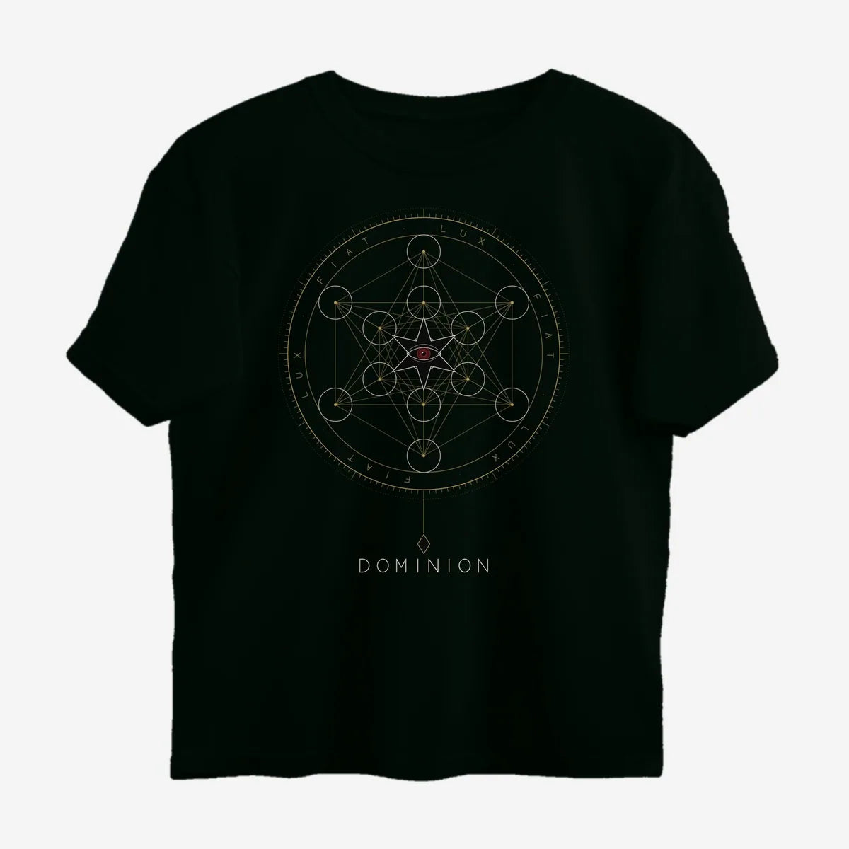 Oztra Dominion jet black oversized tee, front view showing the Dominion print