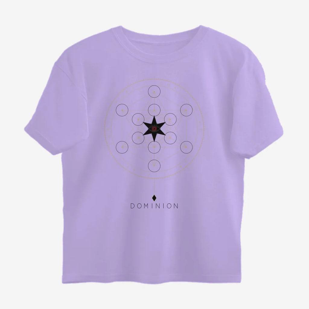 Oztra Dominion lavender oversized tee, front view showing the Dominion print