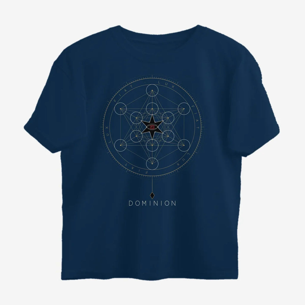 Oztra Dominion navy oversized tee, front view showing the Dominion print