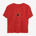 Oztra Dominion red oversized tee, front view showing the Dominion print