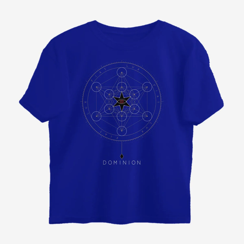 Oztra Dominion royal blue oversized tee, front view showing the Dominion print