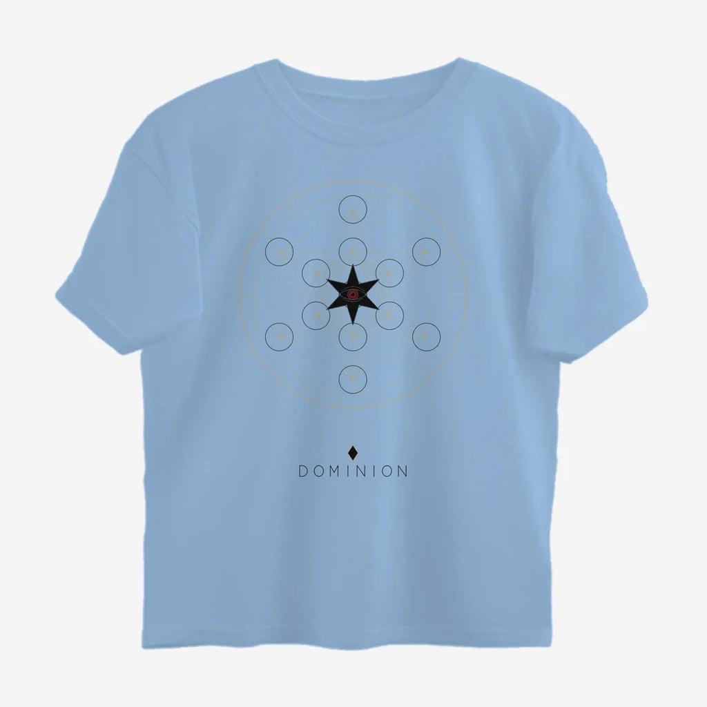 Oztra Dominion sky blue oversized tee, front view showing the Dominion print