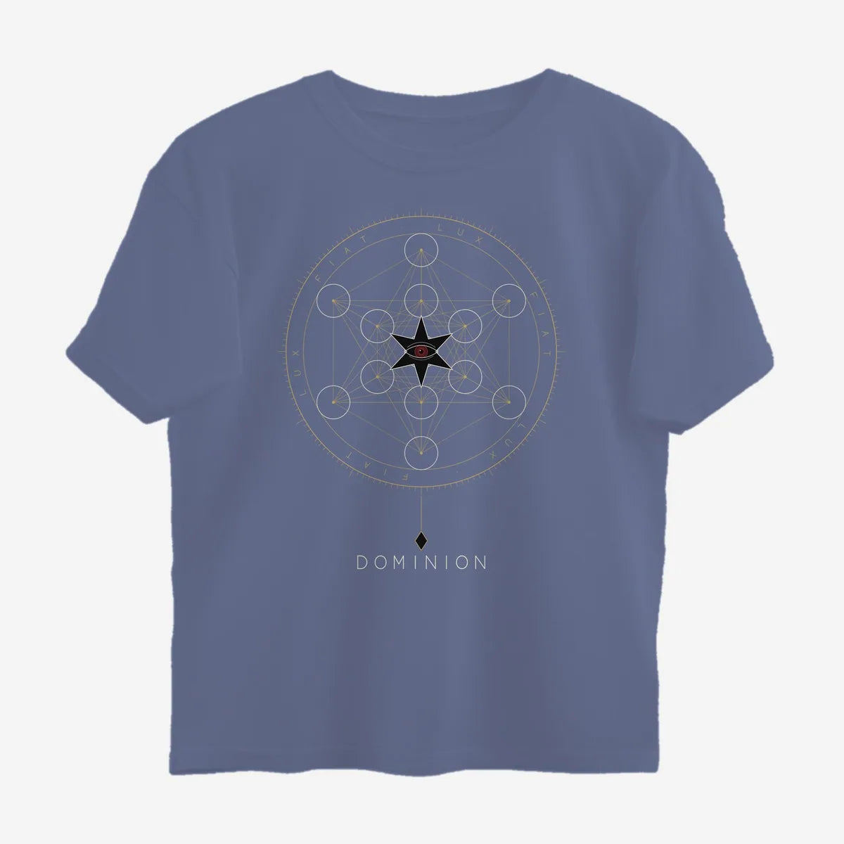 Oztra Dominion steel blue oversized tee, front view showing the Dominion print